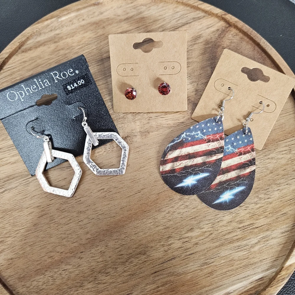 Women's Fashion Set of 3 Pairs Earrings American Flag Silver Red Crystal Studs